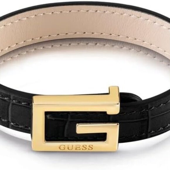GUESS BLACK LEATHER BRACELET with CLASSIC GOLD EMBOSSED LOGO CLIP - Picture 1 of 5